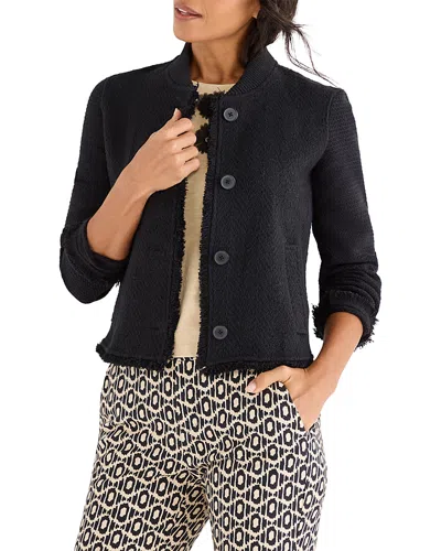 Nic + Zoe Nic+zoe Fringe Mix Knit Bomber Jacket In Black