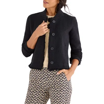 Nic + Zoe Nic+zoe Fringe Mix Knit Bomber Jacket In Black Onyx