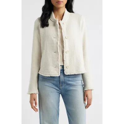 Nic + Zoe Nic+zoe Fringe Mix Knit Bomber Jacket In White