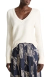 Nic + Zoe Nic+zoe Garter V-neck Cotton Blend Sweater In Classic Cream