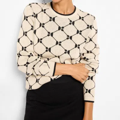 NIC + ZOE GEO ARGYLE DOUBLEKNIT SWEATER IN BEIGE WITH BLACK ACCENTS
