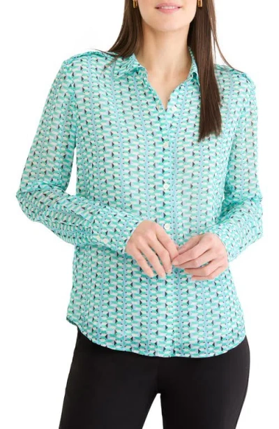 Nic + Zoe Geo Steps Chiffon Shirt In Green Multi In Blue