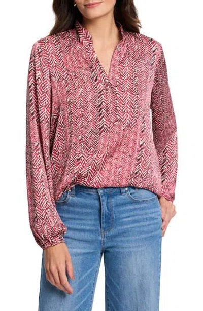 NIC + ZOE NIC+ZOE HERRINGBONE PRINT SPLIT NECK TOP