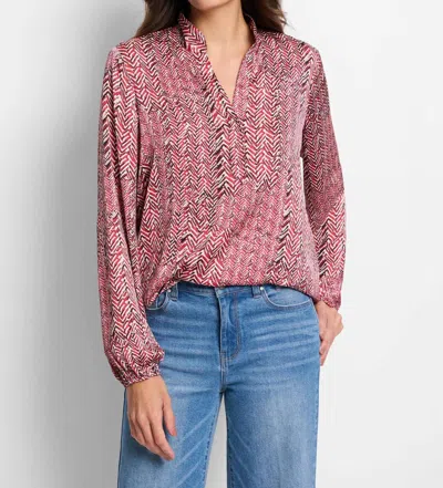 Nic + Zoe Herringbone Stamp Top In Red Multi In Pink