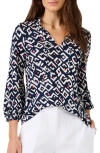 Nic + Zoe Nic+zoe Indigo Angles Split Neck Linen Blend Top In Indigo Multi