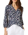 Nic + Zoe Nic+zoe Indigo Angles Split Neck Linen Blend Top In Indigo Multi