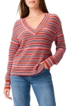 Nic + Zoe Island Sunset Stripe V-neck Sweater In Pink Multi