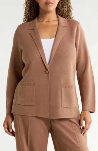 Nic + Zoe Nic+zoe Knit Cotton Blend Single Button Blazer In Brown