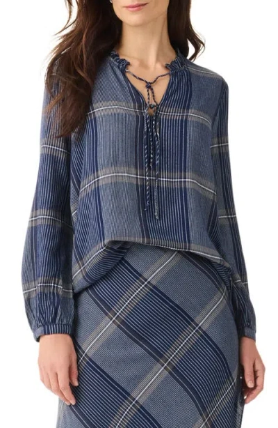 Nic + Zoe Nic+zoe Line It Up Split Neck Top In Indigo Multi