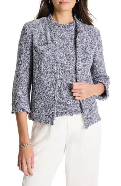 Nic + Zoe Nic+zoe Mixed Knit Fringe Trim Cardigan In Indigo Mix