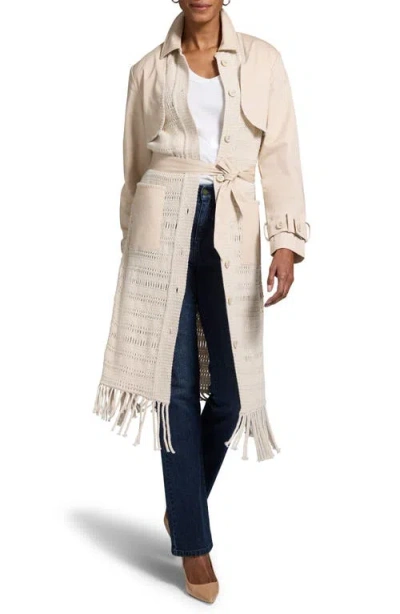 Nic + Zoe Nic+zoe Mixed Media Fringe Knit Jacket In Cream Multi