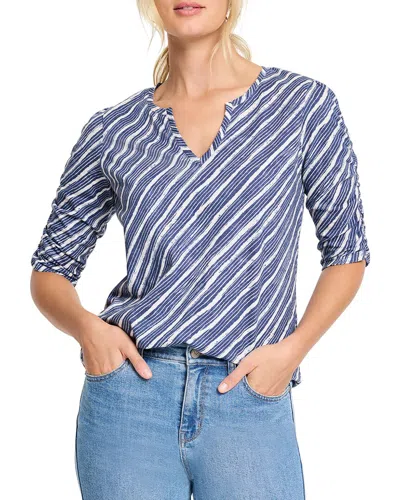 Nic + Zoe Nic+zoe Mixed Stripe Ruched Sleeve T-shirt In Blue