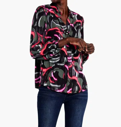 Nic + Zoe Nadalia Neon Doodle Live In Shirt In Black, Olive, Pinks In Multi