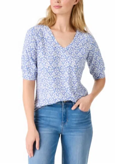 Nic + Zoe Nzt Dotty Ikat Elbow Sleeve V-neck Tee In Blue Multi