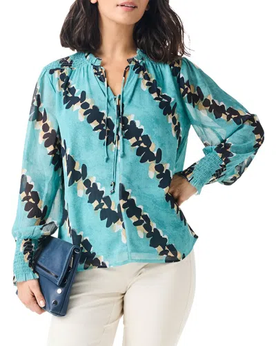 Nic + Zoe Rolling Reef Print Tie Neck Top In Aqua Multi