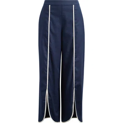 Nic + Zoe Nic+zoe Piped High Waist Split Hem Cotton & Linen Pants In Blue
