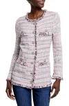 Nic + Zoe Nic & Zoe Femme Plaid Fringe Mix Knit Jacket In Pink Multi