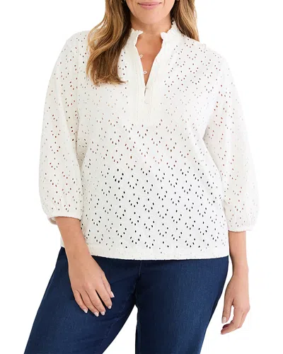 Nic+zoe Plus Knit Eyelet Ruffle Neck Top In White