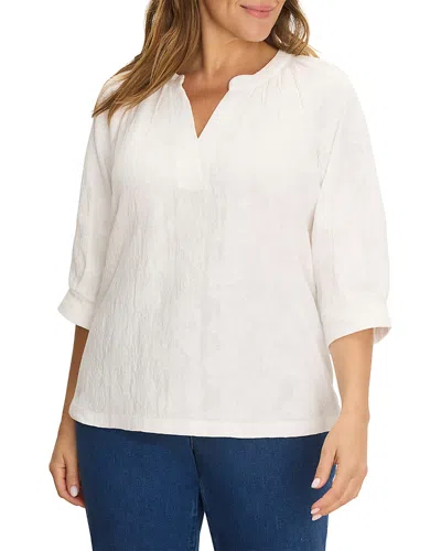 Nic+zoe Plus Lace Knit Split Neck Top In White
