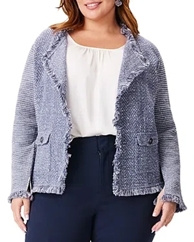 Nic+zoe Plus Mix Knit Fringe Trim Jacket In Slate