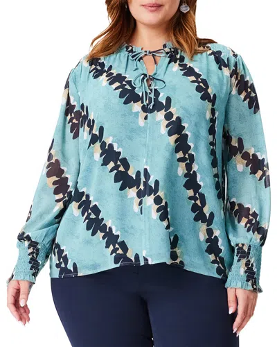 Nic + Zoe Rolling Reef Print Tie Neck Top In Aqua Multi