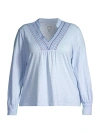NIC + ZOE, PLUS SIZE WOMEN'S BLUELINE EMBROIDERED COTTON PEASANT TOP