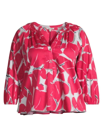 Nic + Zoe, Plus Size Women's Bold Petals Shirred Top In Red Multi