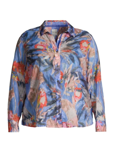 Nic + Zoe, Plus Size Women's Dreamscape Printed Crinkle Cotton Button-front Shirt In Neutral