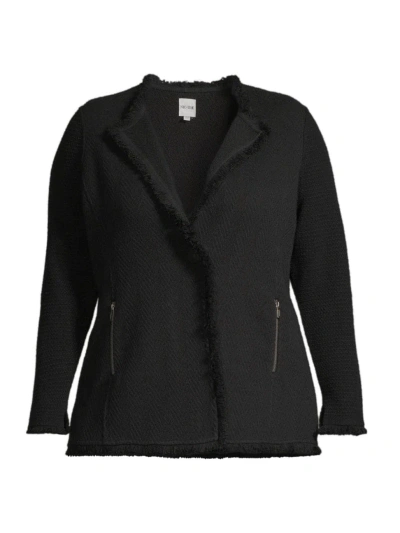Nic + Zoe, Plus Size Women's Fringe Knit Cotton-blend Jacket In Black
