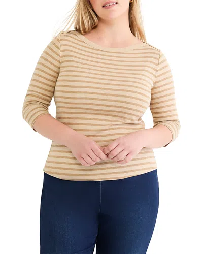 Nic+zoe Plus Stripe Three Quarter Sleeve Boat Neck Tee In Neutral