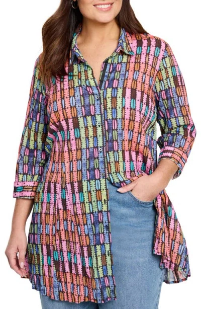 Nic + Zoe Nic+zoe Rainbow Macaroon Crinkled Cotton Button-up Shirt In Pink Multi