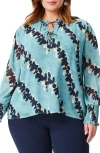Nic + Zoe Rolling Reef Print Tie Neck Top In Aqua Multi
