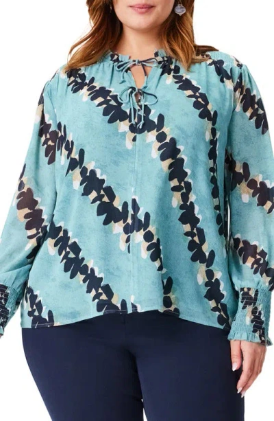 Nic + Zoe Rolling Reef Print Tie Neck Top In Aqua Multi