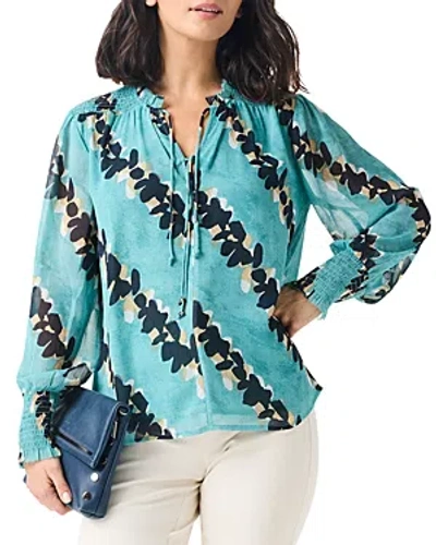 Nic + Zoe Rolling Reef Print Tie Neck Top In Aqua Multi