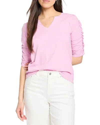 Nic + Zoe Nic+zoe Ruched Elbow Sleeve Split Neck T-shirt In Pink