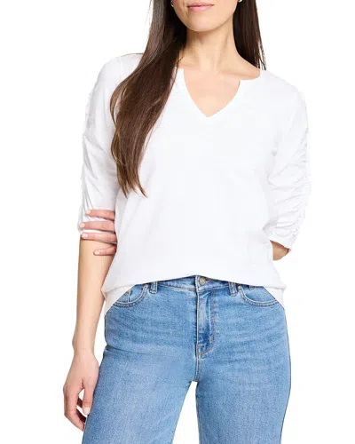 Nic + Zoe Nic+zoe Ruched Elbow Sleeve Split Neck T-shirt In White