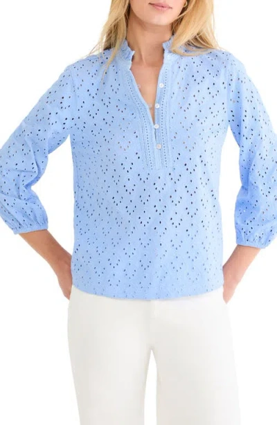Nic + Zoe Knit Eyelet Ruffle Neck Top In French Blue
