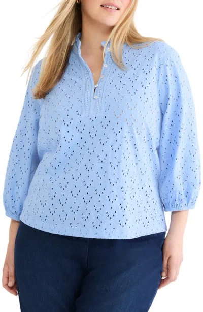 Nic + Zoe Nic+zoe Ruffle Neck Eyelet Top In Blue