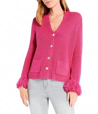 Nic + Zoe Sasha Button Down Sweater Cardigan With Fringe Sleeves - Plus In Shocking Pink