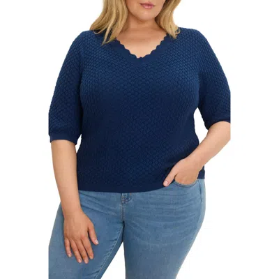 Nic + Zoe Nic+zoe Scallop Texture Short Sleeve Sweater In Blue