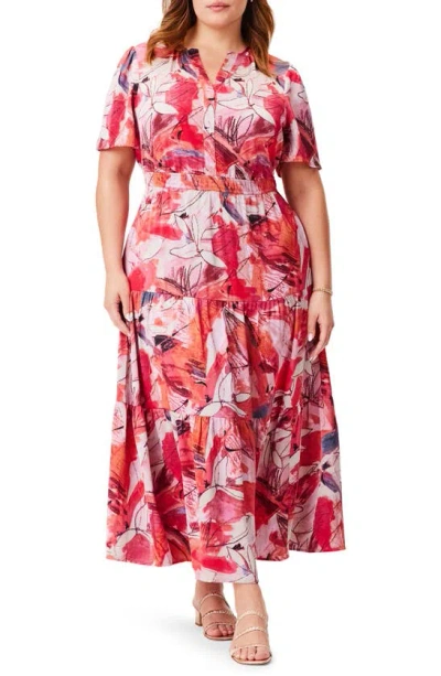 Nic + Zoe Scribble Bouquet Tiered Maxi Dress In Pink Multi