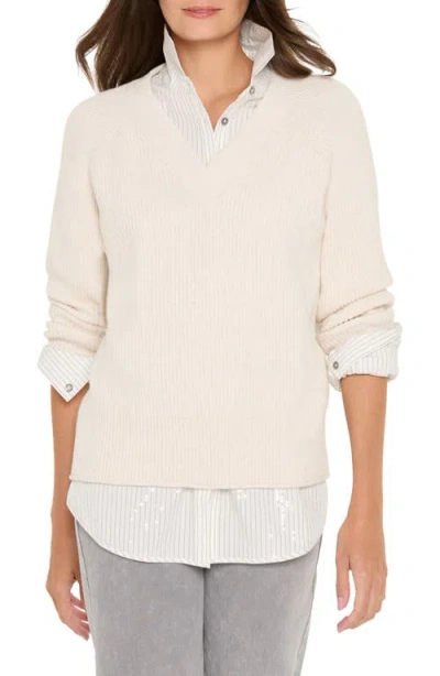 Nic + Zoe Nic+zoe Shaker Stitch V-neck Sweater In White