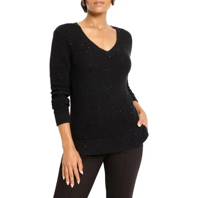 Nic + Zoe Shimmer Waffle V-neck Sweater In Black
