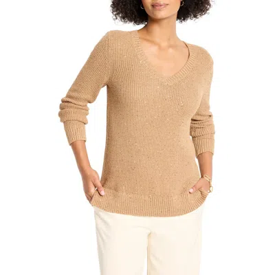 Nic + Zoe Shimmer Waffle V-neck Sweater In Brown