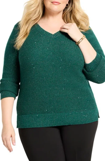 Nic + Zoe Nic+zoe Shimmer V-neck Waffle Stitch Sweater In Green