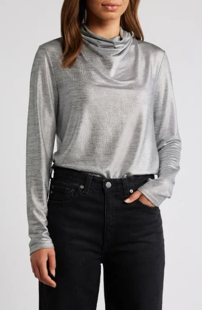 Nic + Zoe Nic+zoe Shine Drape Long Sleeve Knit Top In Silver