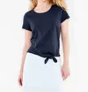 Nic + Zoe Short Sleeve Round Neck Tie Front Tee In Indigo In Blue