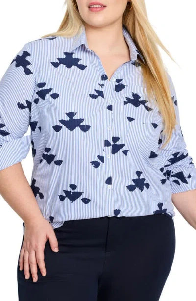 Nic + Zoe Nic+zoe Stamped Stripe Stretch Cotton Button-up Shirt In Blue Multi