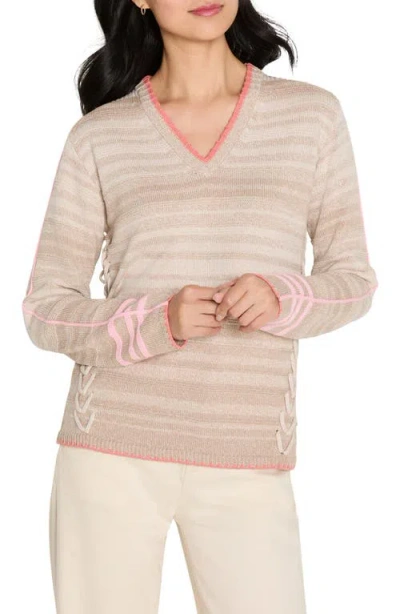 Nic + Zoe V Neck Sweater With Braided Sides In Neutral Multi