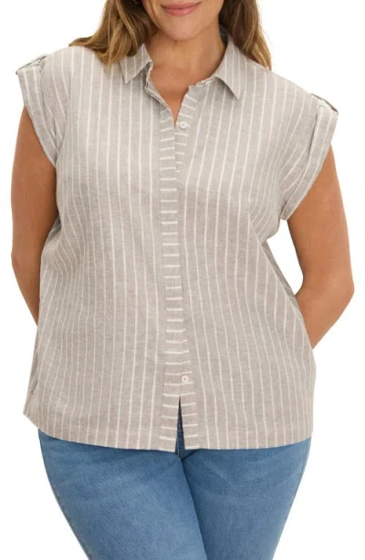 Nic + Zoe Nic+zoe Stripe Cotton & Linen Blend Button-up Resort Shirt In Gray